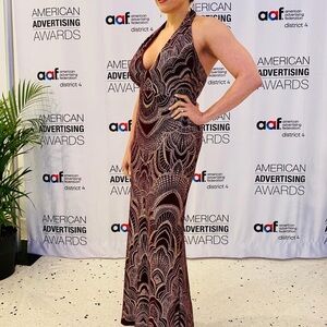 JUMP APPAREL | Burgundy and Gold Sequin Halter Cocktail Gown